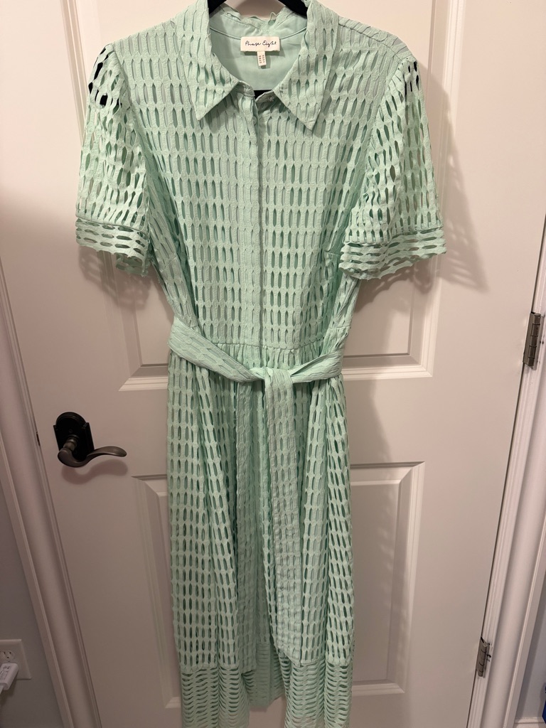 Pleated Openwork Mint Midi Shirt Dress With Tie Waist